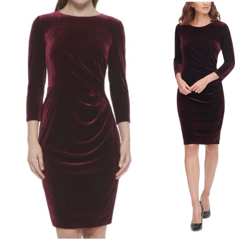 Eliza J Red Ruched Sheath Dress with 3/4 Sleeves sz 14